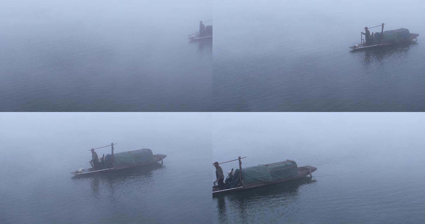 河面晨雾中渔船划过01