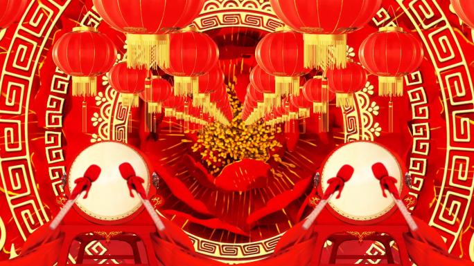 富贵牡丹大红灯笼锣鼓开场背景