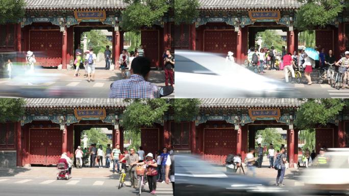 北京大学门口车流人流延时拍摄
