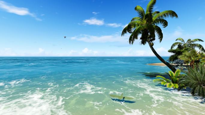 海滩椰树小岛海鸟三维动画1