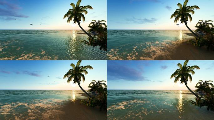 海滩椰树小岛海鸟三维动画2