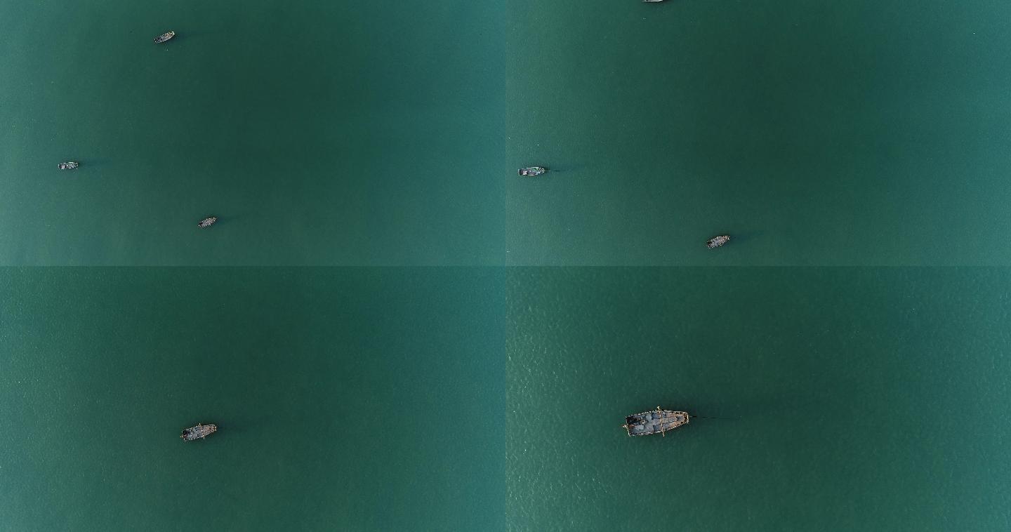航拍大海垂直角度渔船深蓝海水