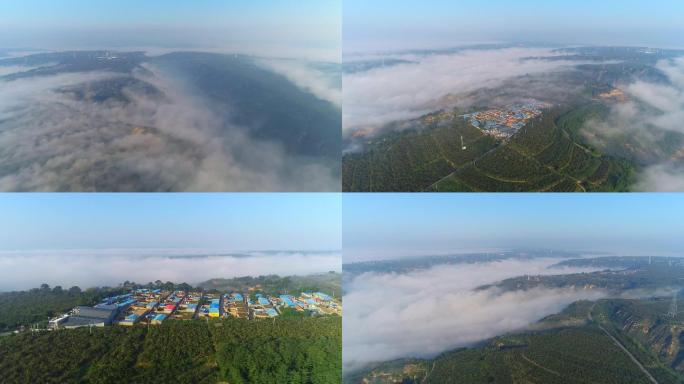 航拍陕北延安大雾和村庄