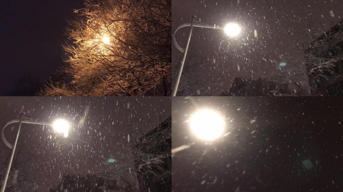 夜晚雪景延时拍摄城市街道下雪北京