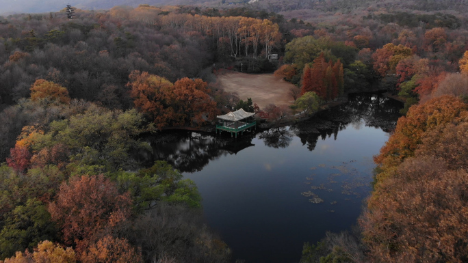 4K航拍唯美秋色红叶山水水榭仙境中山陵