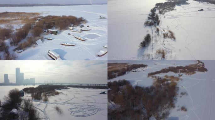 航拍哈尔滨松花江冰天雪地4K