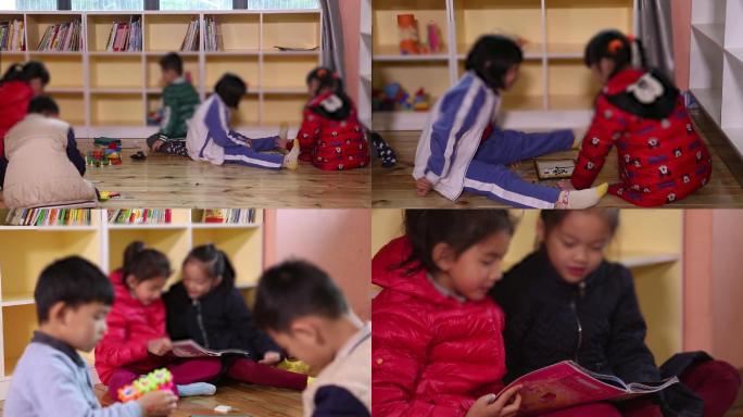 学生课间休息在教室读书角看书玩耍