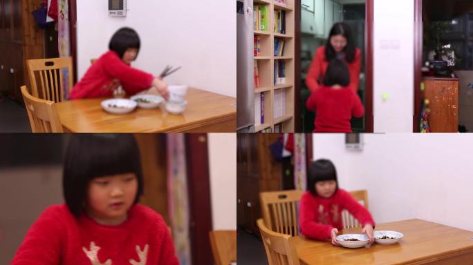 小学生做家务收拾碗筷温馨家庭