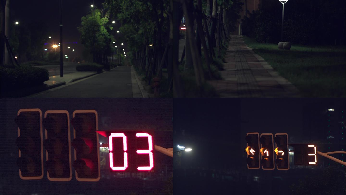 夜景夜晚街道冷清红绿灯