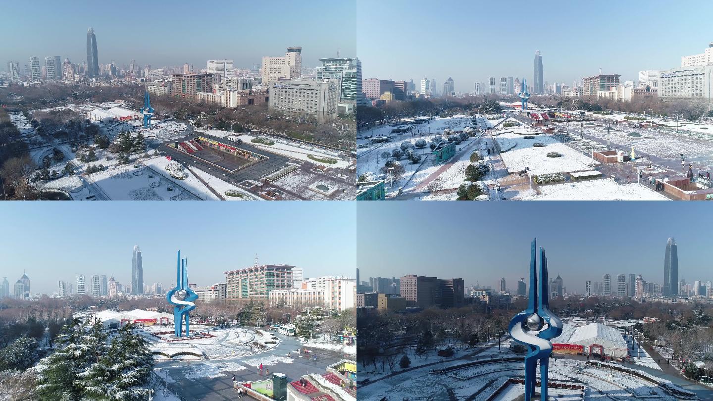 4k济南泉城广场雪下雪绿地