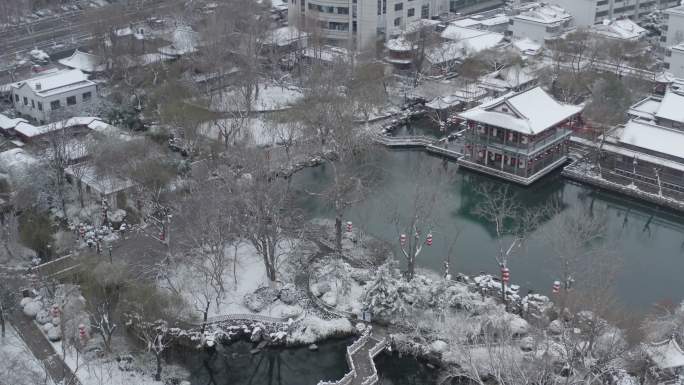 航拍济南五龙潭雪景2020最新4k