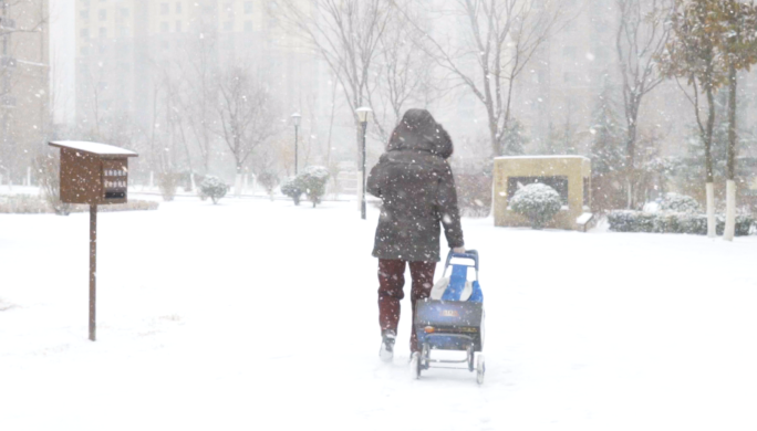 4K大雪-下雪-风雪中老人孤独的背景