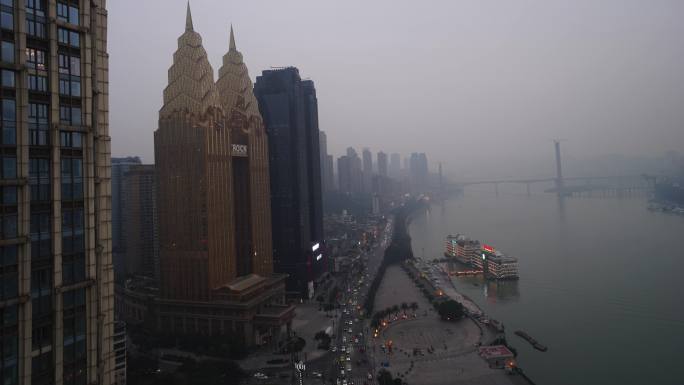 重庆城市河流夜景长江大桥江边弥红灯
