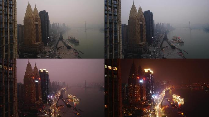 重庆城市河流夜景长江大桥江边弥红灯