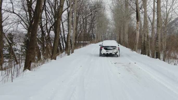 雪景林间河边公路上追车