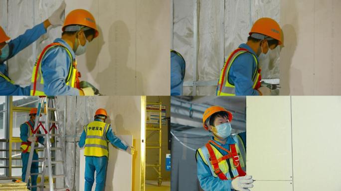 新型冠状病毒肺炎期间，工人戴口罩安装隔墙