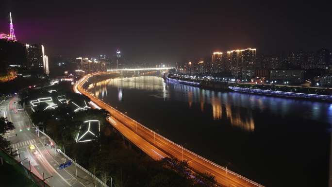 重庆城市河流夜景长江大桥江面弥红灯