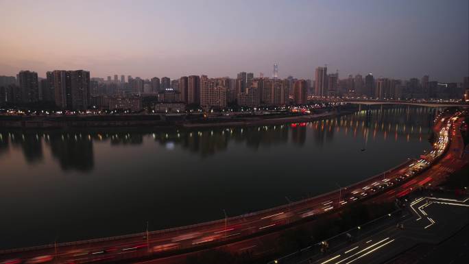 重庆城市河流夜景长江大桥江面弥红灯