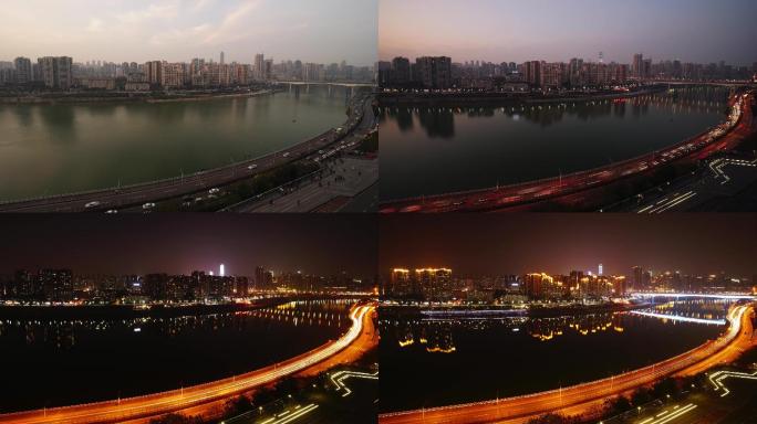 重庆城市河流夜景长江大桥江面弥红灯