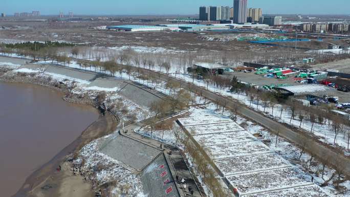 航拍济南黄河沿岸雪景2020最新4k高清