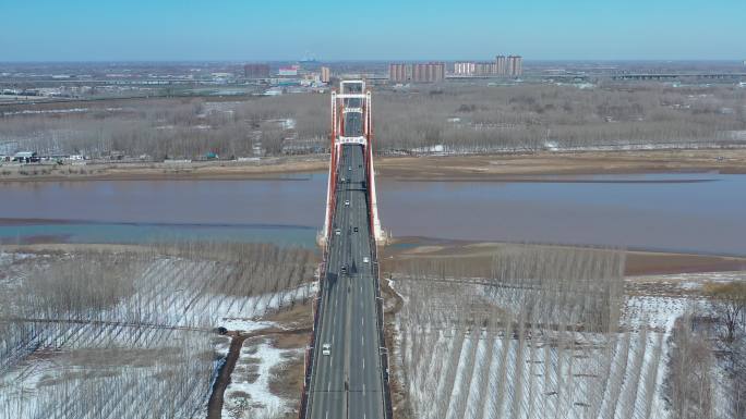 航拍济南黄河大桥雪后雪景2020