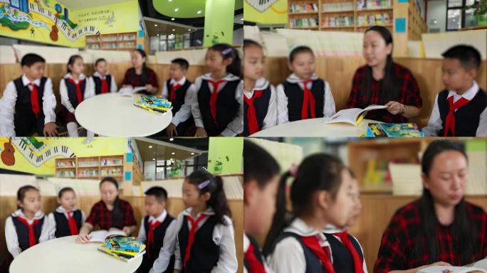 老师和学生图书馆阅读讲故事听故事
