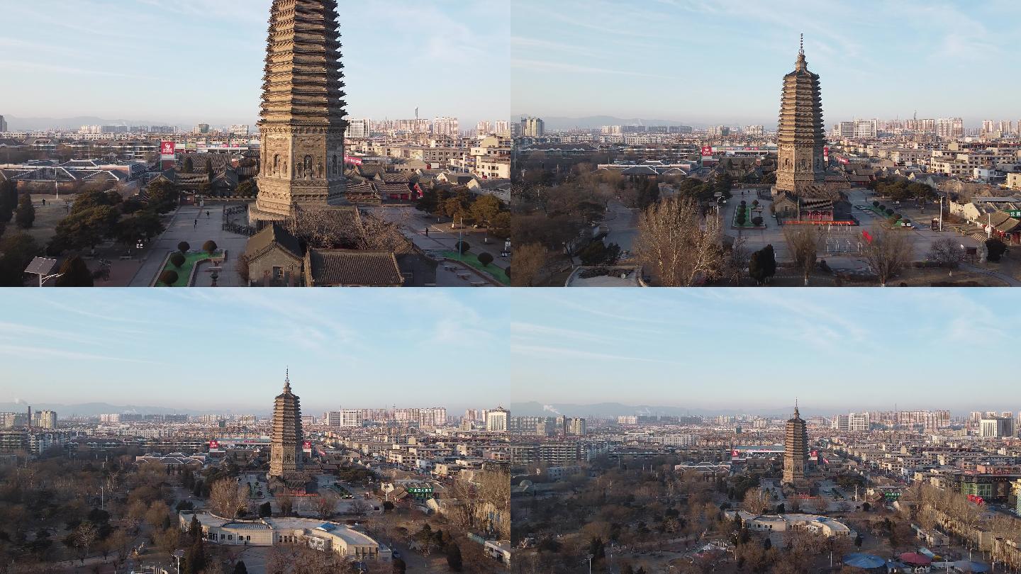 锦州古塔古建筑群远景航拍超清视频素材