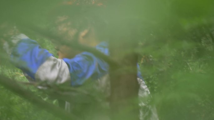 地质勘探队员穿越山林草丛，跨越艰难险阻