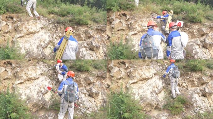 地质勘探队爬山山坡