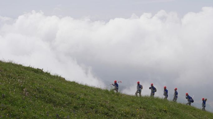 地质勘探队走过高山草地列队前行013