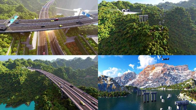 高速公路交通桥梁延伸生长建设发展三维动画