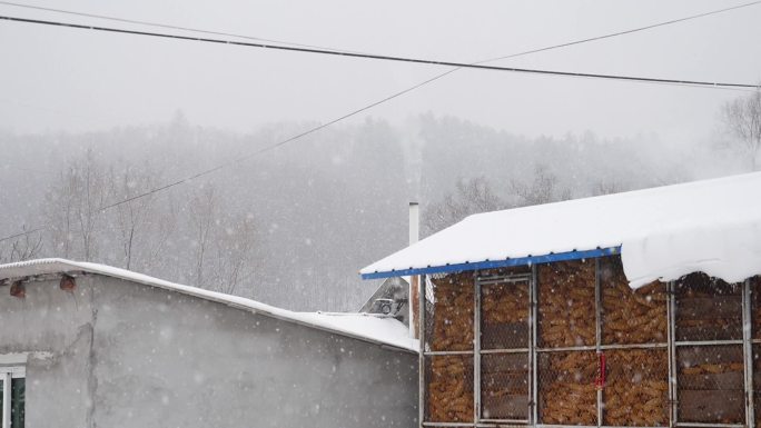 山里农村大雪，雪花落下，长白上雪景