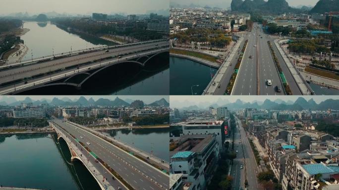 航拍桂林解放桥疫情期间的交通车流人流