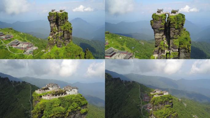 贵州铜仁梵净山由远及近航拍