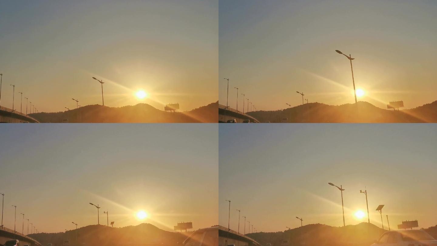 【原创】夕阳马路风景金色太阳光芒公路
