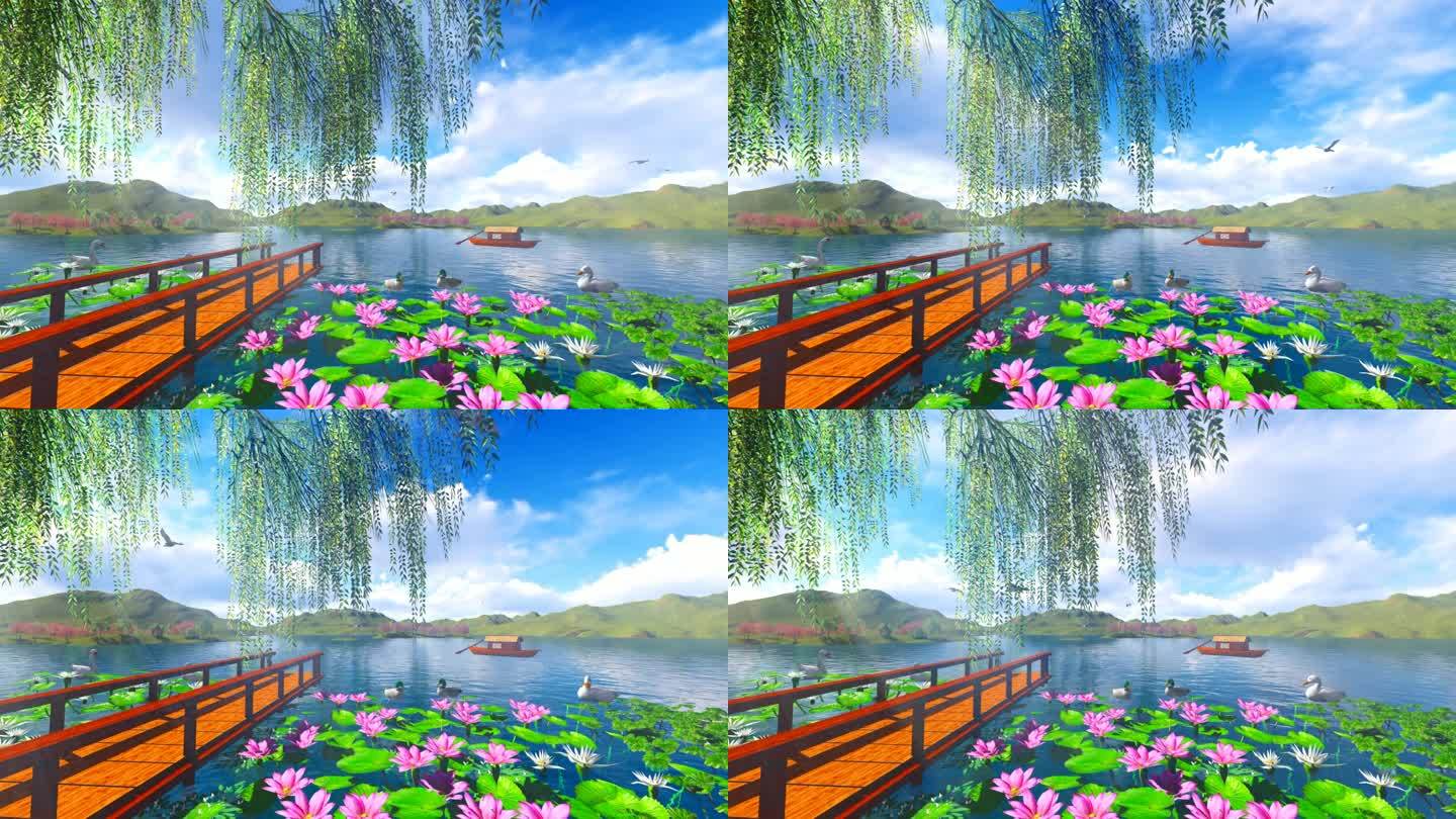 湖畔风景杨柳渔船荷花三维动画1