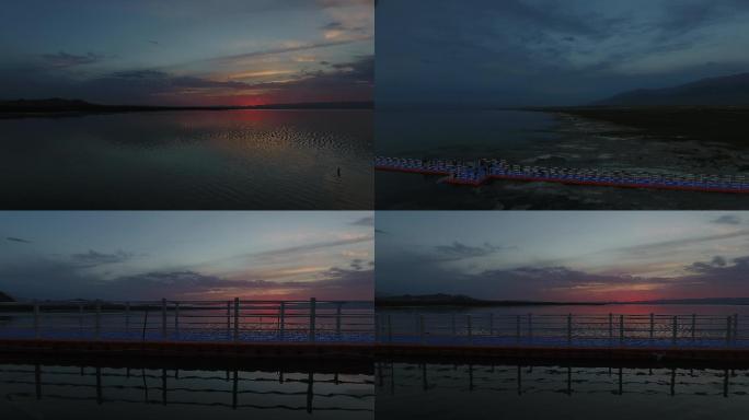 【航拍】巴里坤湖夕阳西下余光水面水平移动