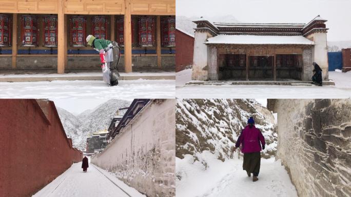 雪天藏民转经磕长头