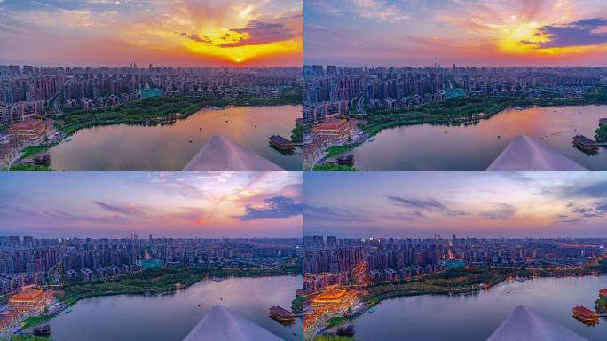 2018年霞光满天的西安曲江南湖延时实拍