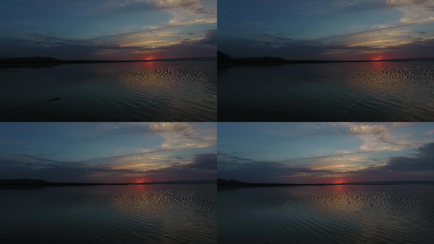 【航拍】巴里坤湖夕阳水面平移非log