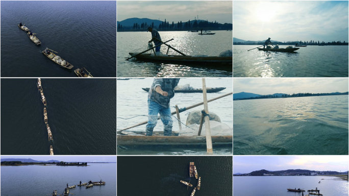 太湖大自然江上打鱼航拍开湖捕鱼生态健康