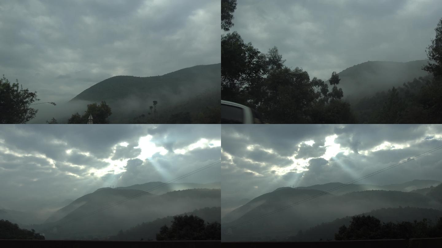 云雾大山云光穿过云穿梭大自然山水风光日光