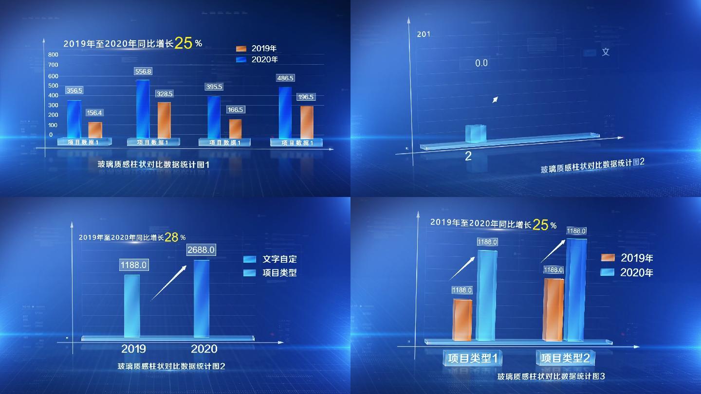 三款玻璃质感三维柱状数据对比统计模板