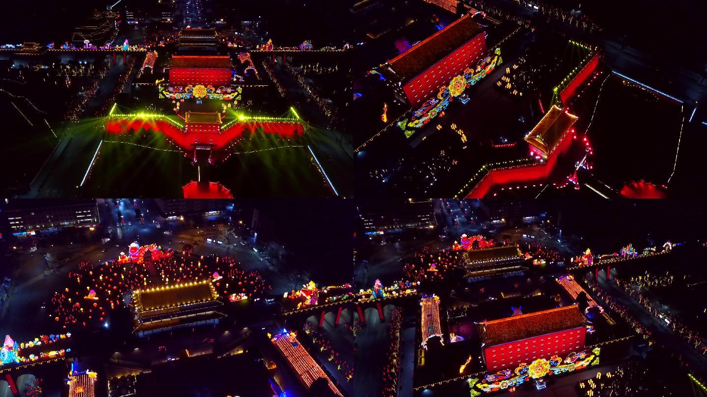 航拍西安南门瓮城城墙炫彩夜景