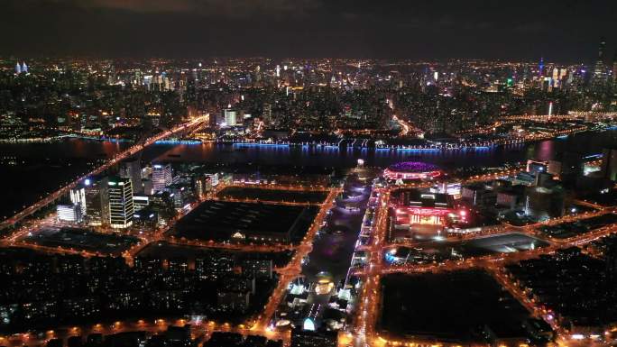 上海黄浦江世博夜景航拍