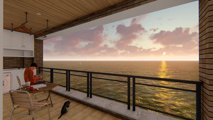 2K房地产三维动画阳台看日出