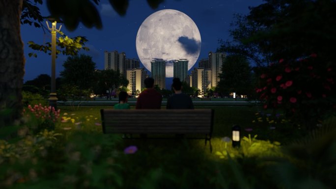 房地产一家人晚上看月亮三维动画