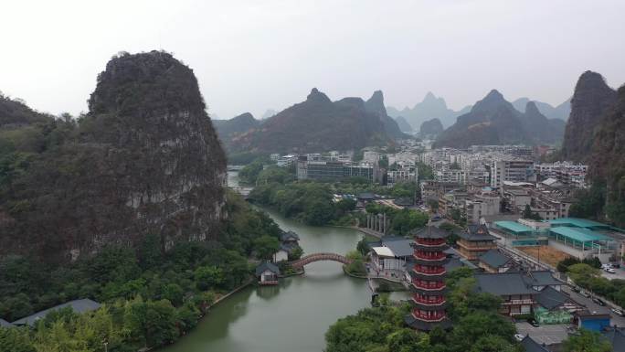 航拍桂林市区两江四湖木龙湖景区