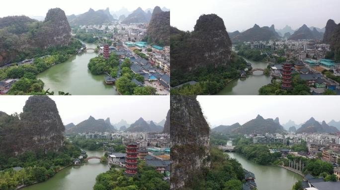 航拍桂林市区两江四湖木龙湖景区