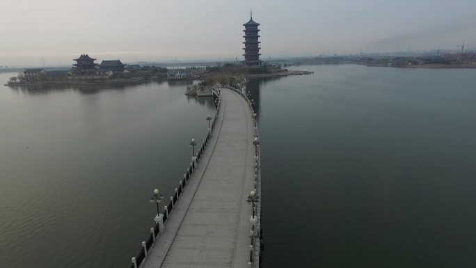 青岛胶州少海风景区寺庙宝塔航拍延时